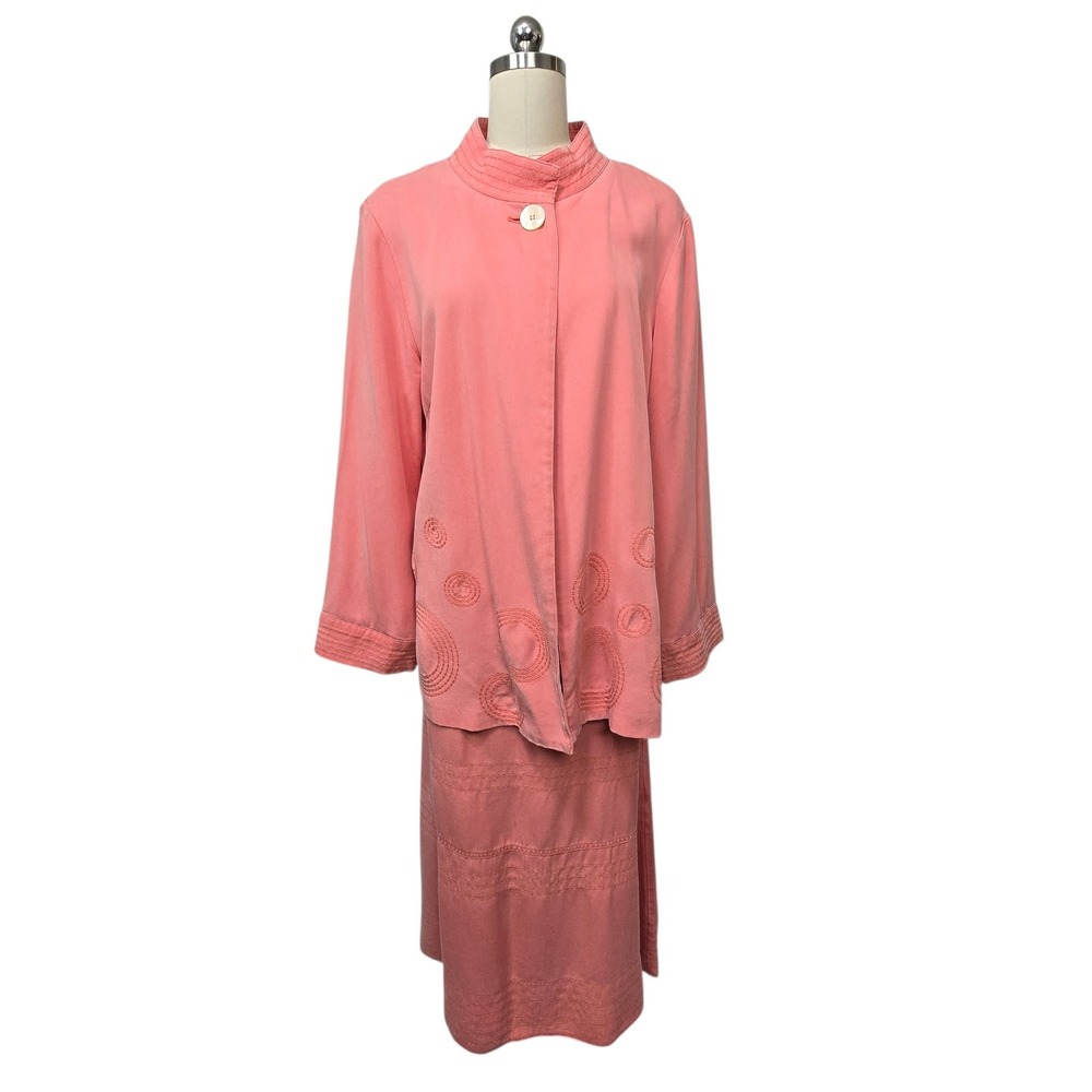 J Jill Coral Pink Tencel Lyocell Button Front Jacket & Midi Skirt Set Size Large